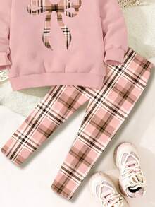 Rosa, Estampado de Patrón de Lazo Geométrico Casual, Sudadera de Cuello Redondo de Manga Larga Cómoda Suave y Cálida & Leggings para Niña Joven, Adecuado para Otoño/Invierno Diario, Año Nuevo, Estilo Callejero, Hogar, Vacaciones, Temporada Acogedora, Navidad - Multicolor - Ver 5