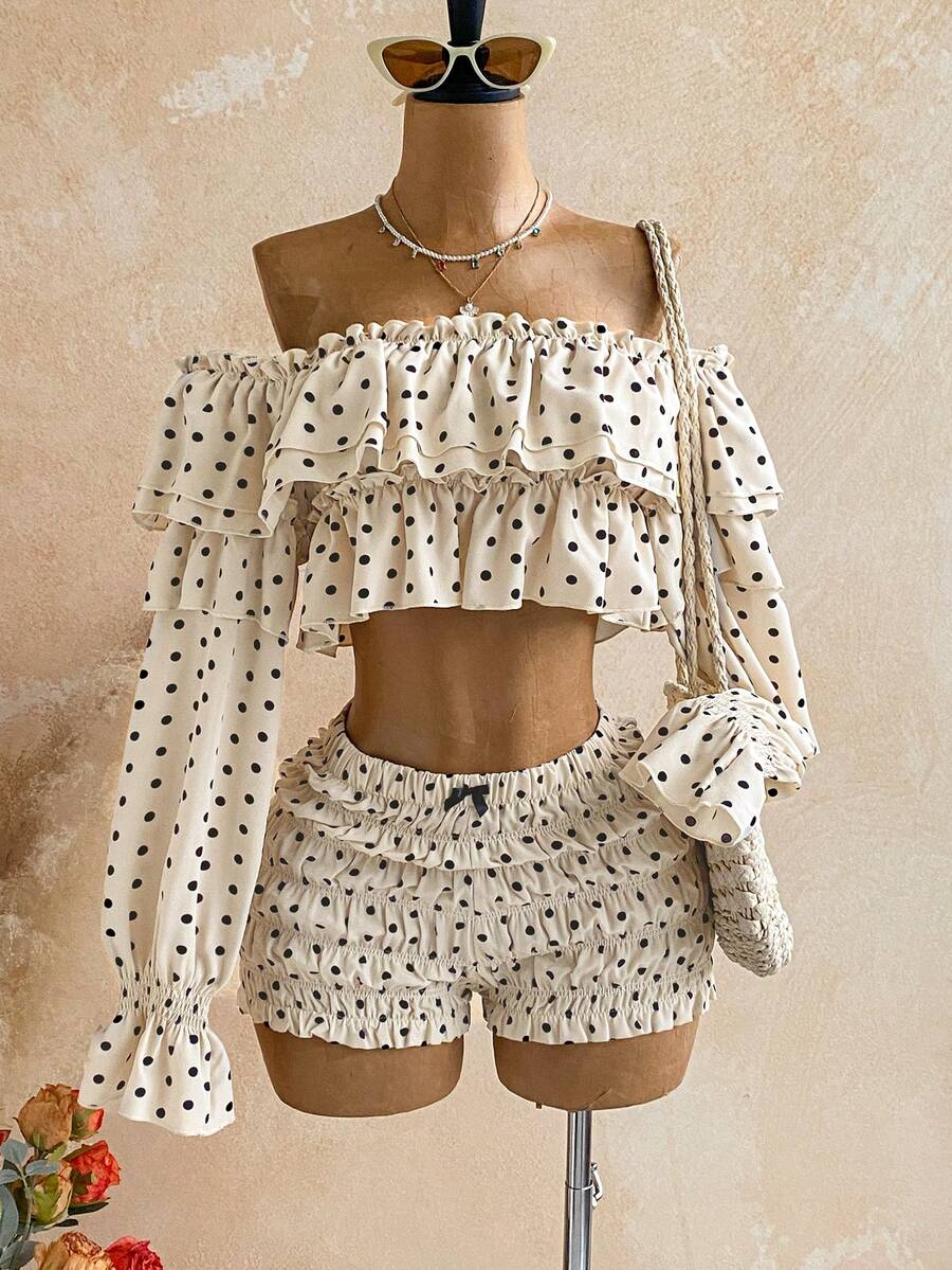 Soleia Polka Dot Two Pieces Set Peplum Top Ruching Women's Vacation ...