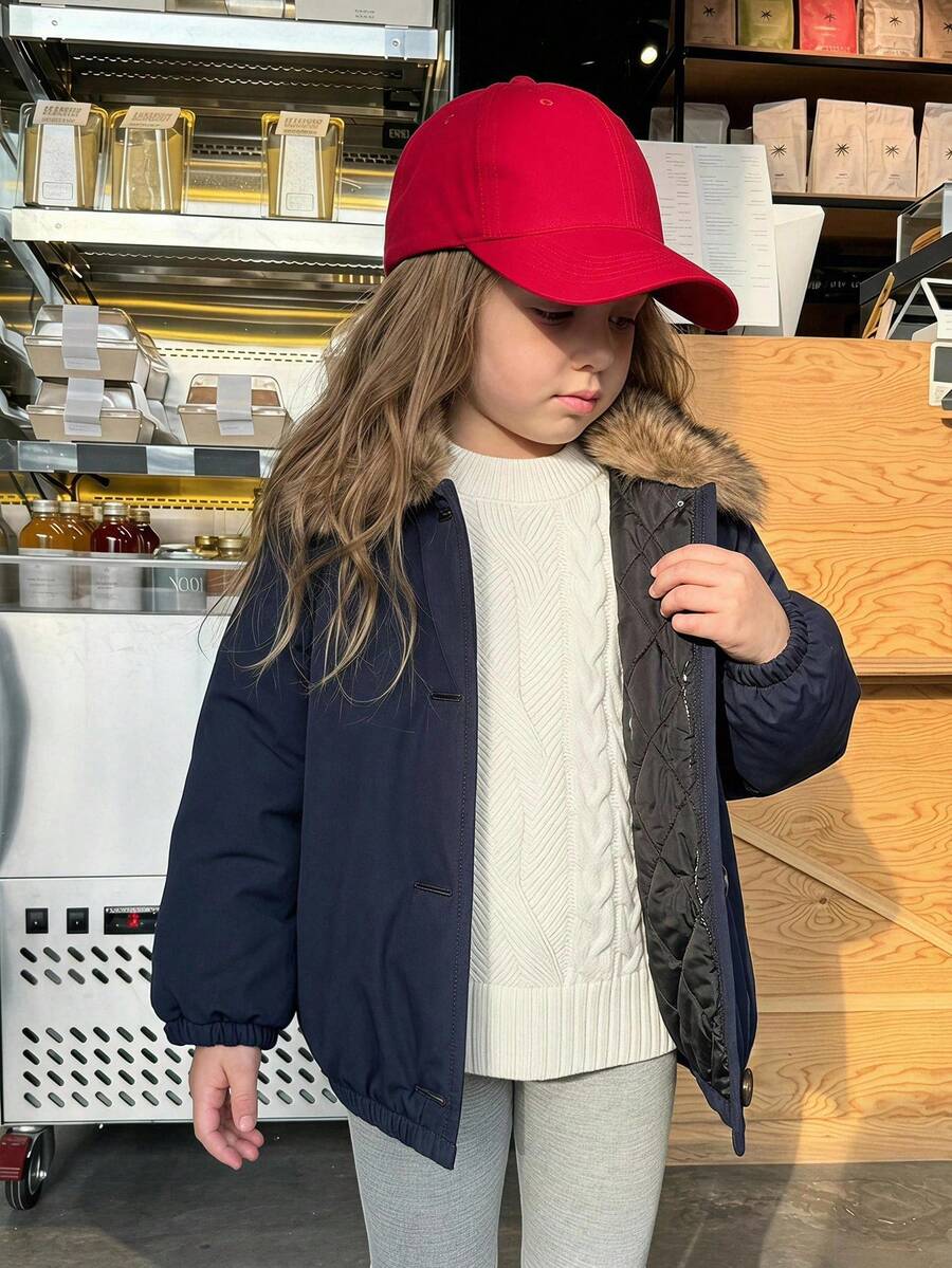DAZY Girls' Thick Autumn/Winter Long Sleeve Colorblock Lapel Padded Coat (Small) - Navy Blue - View 1