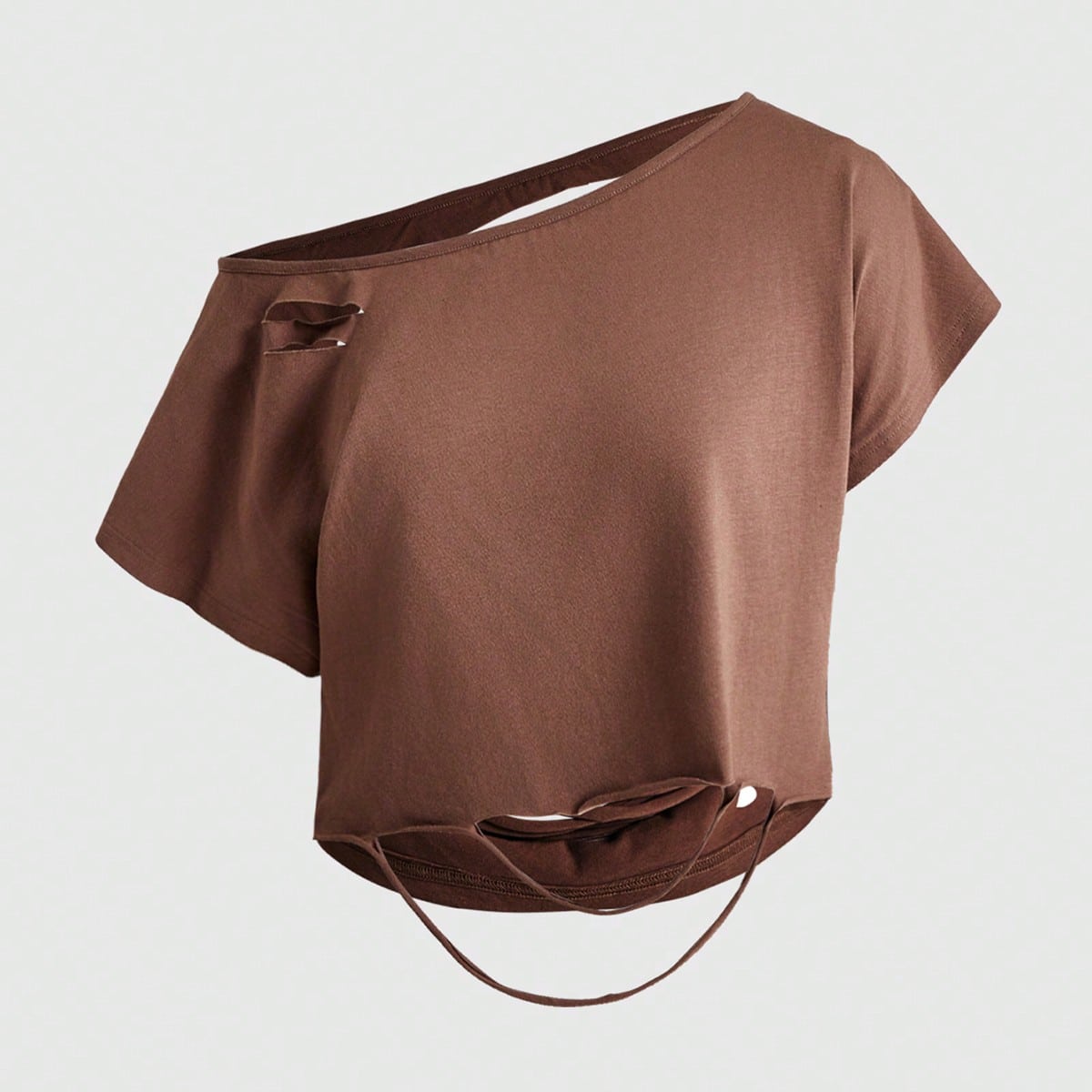 Designed Asymmetrical Shoulder Distressed Backless Loose Cropped T-Shirt