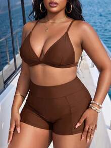 SHEIN Swim 大尺碼極簡純色口袋短褲泳裝下身 - 咖啡棕 - 查看 7