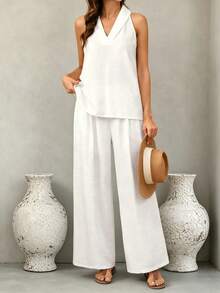 Hotletica V-Neck Halter Sleeveless Shirt Women, Summer Linen-Like Loose Camisole Top & Straight Loose Pants 2 Pieces Set - White - View 3