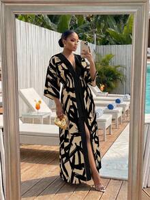 SHEIN Lady Plus Size Fashion Vacation Print Colorblock Slit Dress - Khaki - View 5