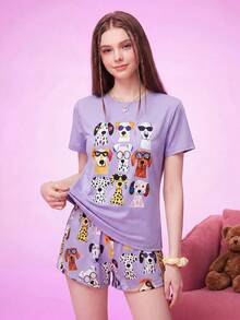 Notgurli Set Piyama Lengan Pendek Wanita Ukuran Plus Motif Hati Kopi Putih dan Merah, Cocok untuk Bersantai Sehari-hari - Purple - View 5