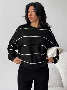 SHEIN Teen Girl Loose Casual Minimalist Comfortable Striped Pullover Sweater, Versatile Thick Warm Knitwear For Autumn/Winter - Black and White - View 4