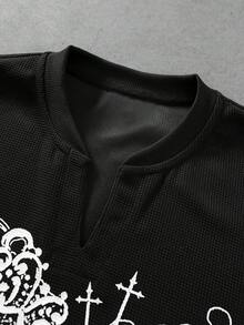 ROMWE MEN Goth 男士深色十字印花時尚寬鬆長袖T恤 - 黑色 - 查看 7
