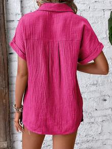 EMERY ROSE Women's Solid Color Batwing Short Sleeve Single-Breasted Casual Pocket Shirt - Hot Pink - View 2
