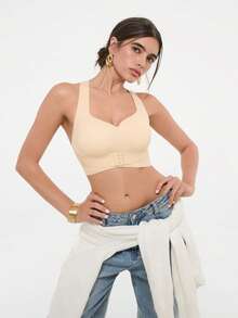 Bralution 1 Buah Bra Wanita Tanpa Kawat dengan Pengait Depan, Push-Up, Anti-Kendur, Tali Bahu Ganda, Cup Cetak, Nyaman dan Sederhana dengan Desain Silang di Belakang - Aprikot - View 5