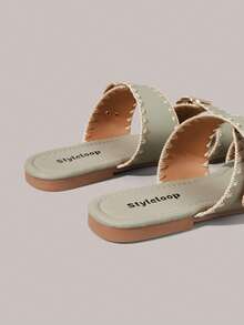 Styleloop Women Shoes Spring And Summer New Models, Multi-Color Embroidered Edge Square Toe Double Buckle With Flat Bottom Sandals, Retro Casual Style - Light green - View 6