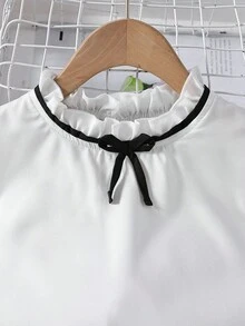 SHEIN 少女休閒褶邊圓領上衣，配有蝴蝶結裝飾和休閒長褲2件套 - 黑色 - 查看 4