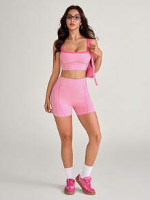 SHEIN Sovereign Charm 女款拼色短版細肩帶背心上衣與短褲運動套裝 - 彩色 - 查看 6