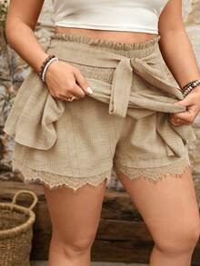 EMERY ROSE Plus Size Fashion Tie-Up Ruffle Hem Skort Vacation Khaki Summer Bohemian - Khaki - View 4
