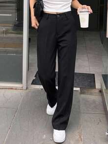 DAZY Women's Elegant Solid Color Flared Pants, Korean Style Petite - Black - View 1