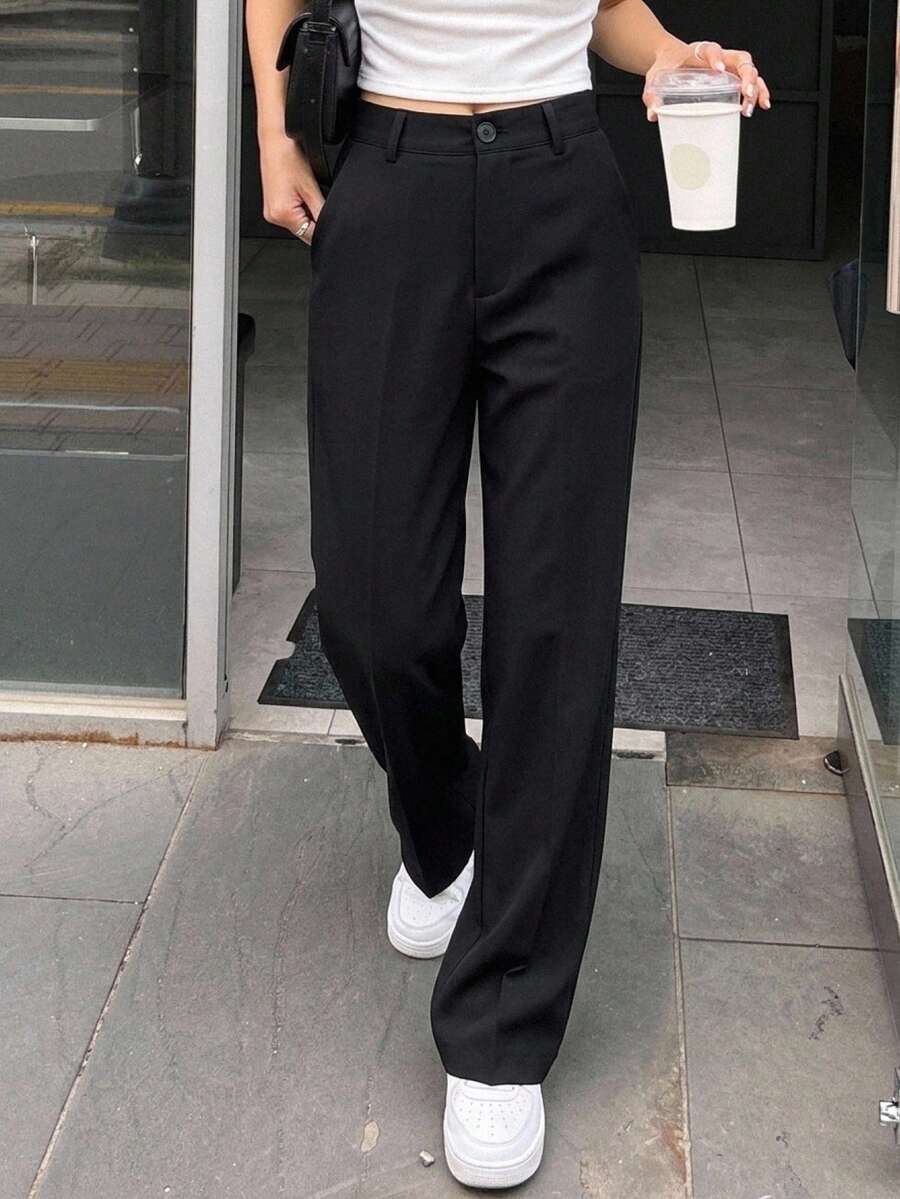 DAZY Women's Elegant Solid Color Flared Pants, Korean Style Petite - Black - View 1