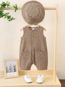 SHEIN 2pcs Baby Boy/Girl Summer Colorful Striped Sleeveless Romper Shorts Set With Bucket Hat, Casual Vacation Outfit - Khaki - View 5