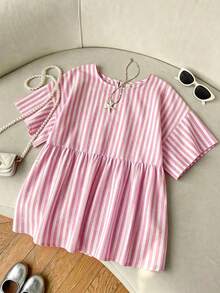 SHEIN EZwear 女款圓領條紋百褶休閒日常通勤襯衫 - 粉色 - 查看 7
