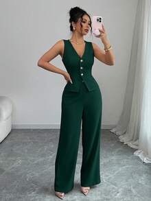 Elenzga Women's Elegant Sleeveless Blazer Vest And Pants Suit Set, Business/Commute Style, Summer - Green - View 6