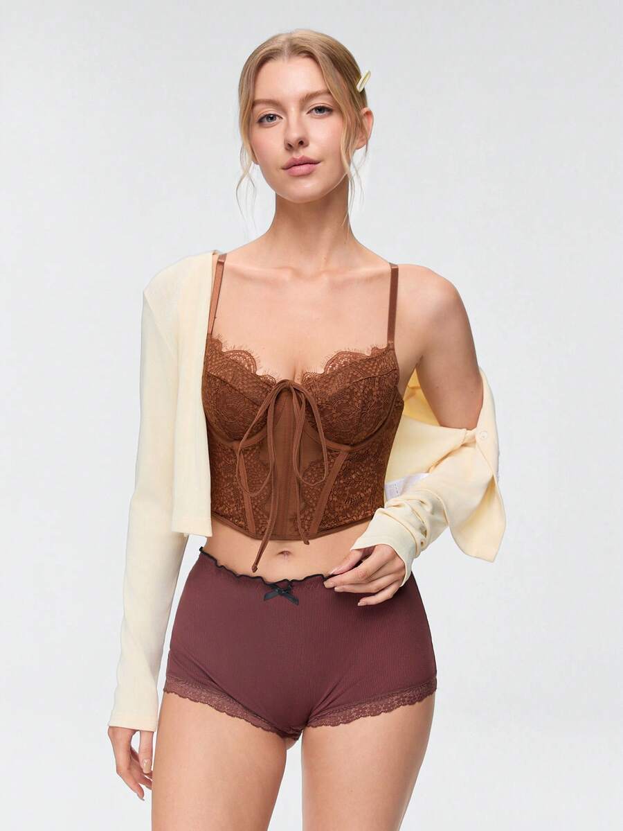 Bonmuse French Retro Brown Lace Halter Corset, Fishbone Waist Cincher Bust Enhancer Sexy Corset - Brown - View 1