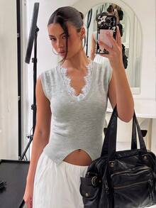 Siren Gaze Women's Lace Patchwork Casual Elegant French Everyday Daytime Going Out Birthday Office Day Time Date Night Evening Knit Top Light Grey Summer - Grey - View 2