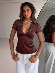 Aloruh Blus Satin Patchwork Renda Manis Elegan untuk Kencan Wanita - Merah tua - View 3