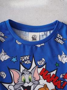 TOM & JERRY X SHEIN Young Boy Cartoon Pattern Print Color Block Crew Neck Short Sleeve T-Shirt - Blue - View 4