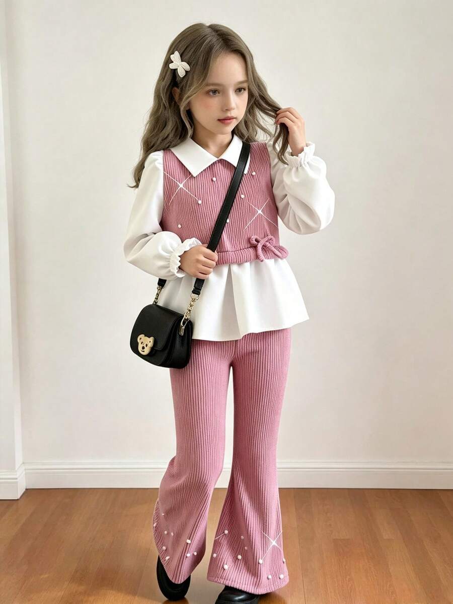 White Cute Tween Girls Knitted Striped Shirt Co-Ords With Collar Long Flare Sleeve And Ruffle Hem Back-To-School School Autumn Cute
