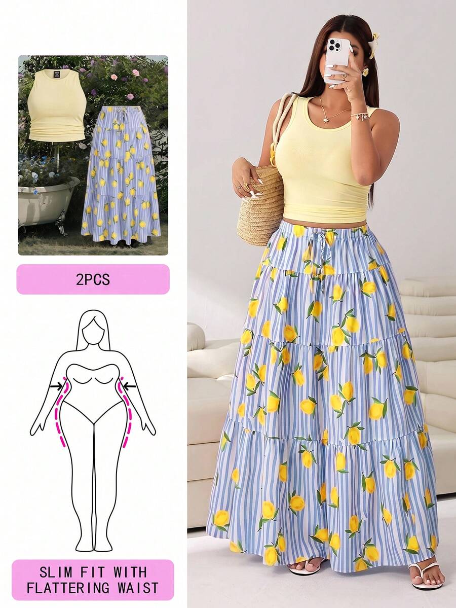 Solflare Setelan 2 Potong Atasan Tank Top Polos & Rok Motif Lemon Bergaris Ukuran Plus - MultiWarna - View 1