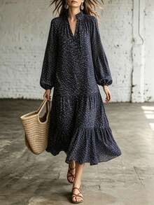 Trelyra French Navy Blue Polka Dot Small Dress, Spring/Autumn V-Neck Frill Trim Puff Long Sleeve Layered Cake Mid-Length Boho Commuter Versatile Vacation - Navy Blue - View 4