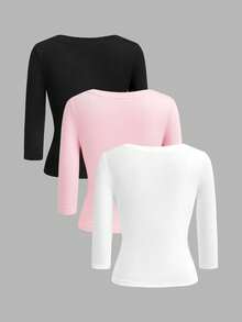 Comfortcana 3pcs Kaos Basic Putih, Hitam, Pink Muda, Leher V Dalam, Pas Badan, Lengan Sedang, Cocok untuk Kembali ke Sekolah, Atasan Awal Musim Gugur, Cocok untuk Perjalanan Sehari-hari, Pesta, dan Kerja - MultiWarna - View 2