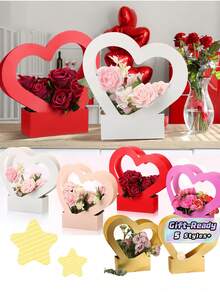 2PCS Heart Shaped Flower Gift Box Foldable Handle Portable Bouquet Bag Paperboard Material Floral Arrangement Container For Valentine Wedding Mother Day Party Celebration Floral Supplies Gift Wrapping Elegant Decoration - multicolor - View 1
