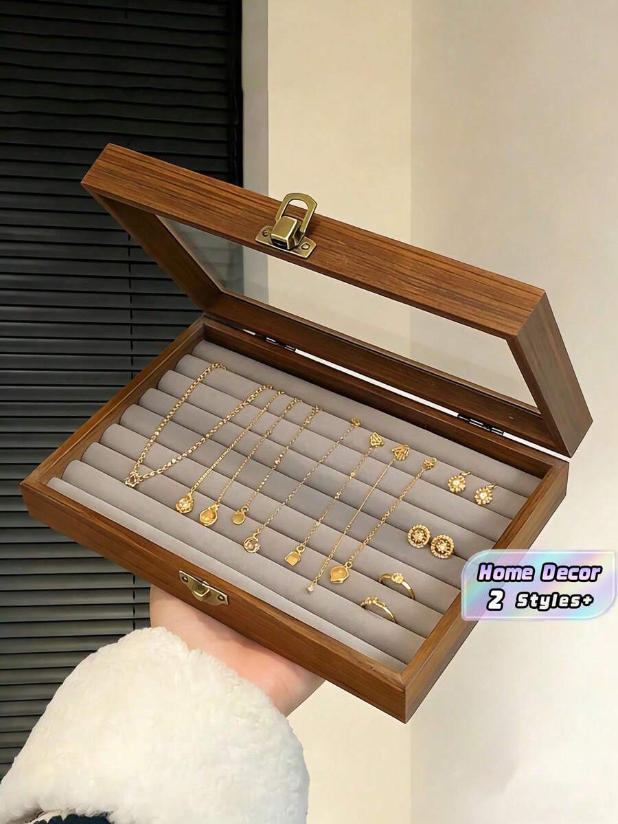1件大號胡桃木珠寶收納盒，透明可鎖蓋，天鵝絨內襯，多格分隔，適用戒指、耳環、項鍊、手鍊，居家浴室展示收納禮品盒
