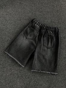 Kids Tween Boy Casual Denim Shorts With Pockets And Frayed Hem For Daily Wear - Black - View 2
