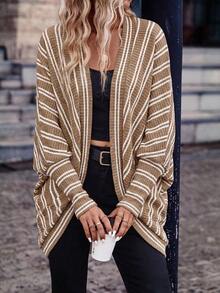 SHEIN Frenchy Spring/Autumn Casual Color-Block Striped Batwing Sleeve Jacket - Brown - View 4
