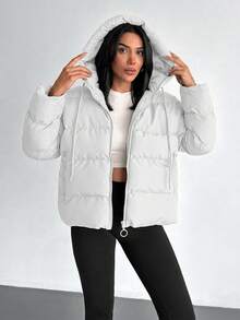 EURMUSE Solid Color, Zip Up, Hooded Winter Coat - White - View 7