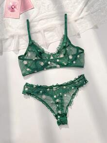 PetitDoll 2pcs Romantic Embroidered Underwire Sexy Lingerie Set - Dark Green - View 2