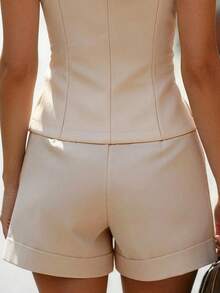 SHEIN LUNE Women's Elegant Commuter Solid Color Vest & Shorts 2 Pieces Set, Summer - Apricot - View 3
