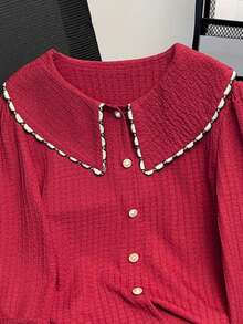 Franclia New Arrival Colorblock Cute Puff Sleeve Women's Blouse - Burgundy - View 4