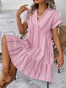 SHEIN LUNE Pink And White Striped Print V-Neck Women's Short Dress Beach Vacation Summer Boho Jamican Sexy - Multicolor - View 6