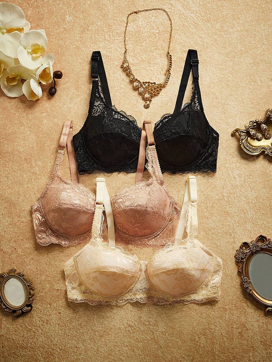 PinupPomp 3pcs/Set Women Minimalist Wire-Free Bra, Lace French Lingerie Set - Multicolor - View 1
