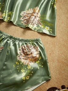 PinupPomp 2pcs Set Atasan Wanita Seksi Berpotongan V Dalam dengan Motif Cetak, Atasan Kamisol dan Celana Pendek, Pakaian Satin Elegan, Cocok untuk Semua Musim - Hijau - View 4