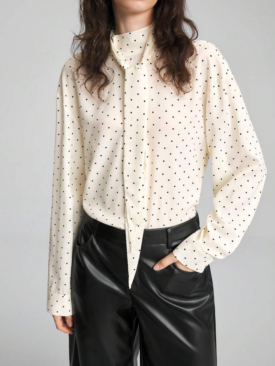 Women's Beige Polka Dot Satin Fitted Long Sleeve Blouse With Tie Neck,Business Casual Office Wear, Low-Key Old Money Style, Elegant Blouse