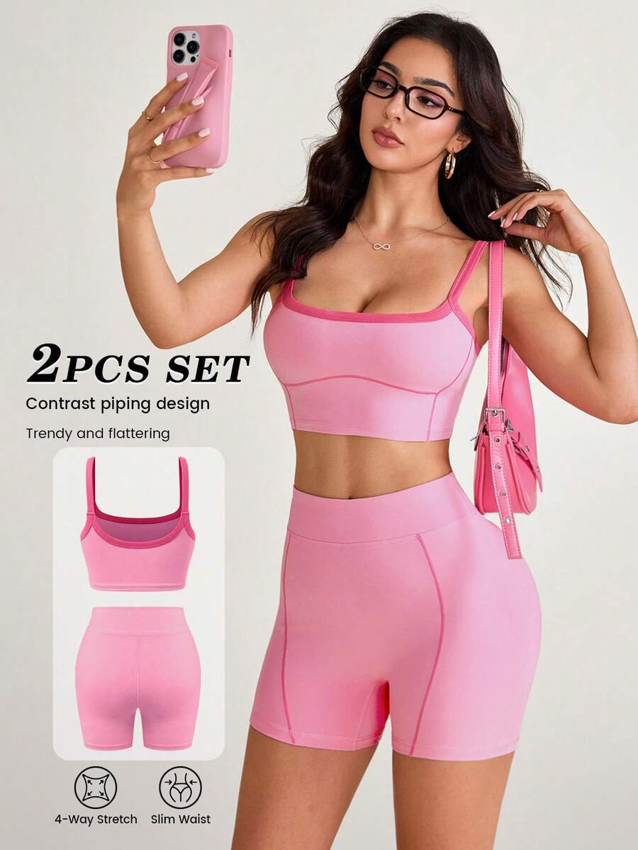 SHEIN Sovereign Charm 女款拼色短版細肩帶背心上衣與短褲運動套裝 - 彩色 - 查看 1