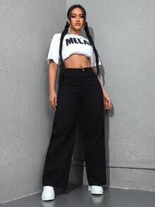 SHEIN Unity Cowgirl 大尺碼女款春季黑色無彈力修身直筒牛仔褲，女款春季 - 黑色 - 查看 7