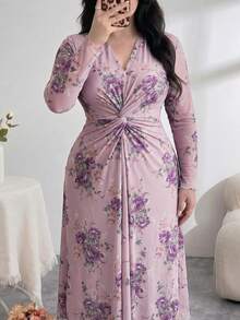 Feyla 大尺碼優雅花卉印花扭結洋裝，適合婚禮派對早午餐，淺紫色秋季款 - 彩色 - 查看 9