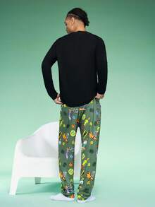 SCOOBY-DOO X SHEIN Men 2pcs/Set Cartoon Print Knit Black Long Sleeve Top And Long Pants Loungewear Set, Fall Winter Clothes - Black - View 2