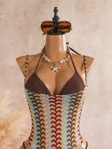 SHEIN SunnyBelle Baju Renang Terusan Wanita Motif Garis-Garis untuk Liburan Pantai Musim Semi/Panas Terbaru - Coklat - View 5