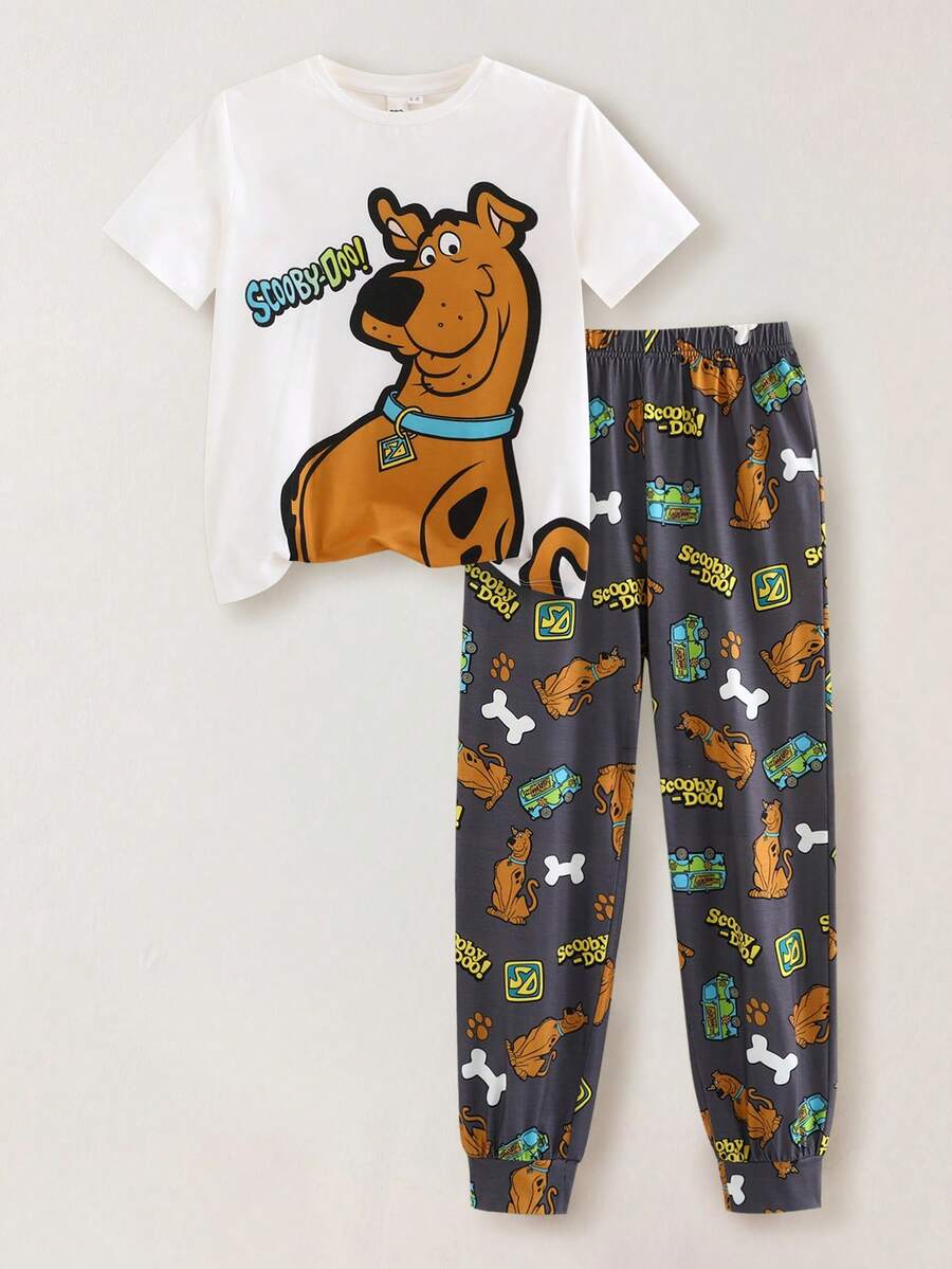SCOOBY-DOO X SHEIN 青少年男孩卡通狗印花圆领 T 恤和全身印花长裤睡衣套装(阻燃) - 灰色 - 查看 1