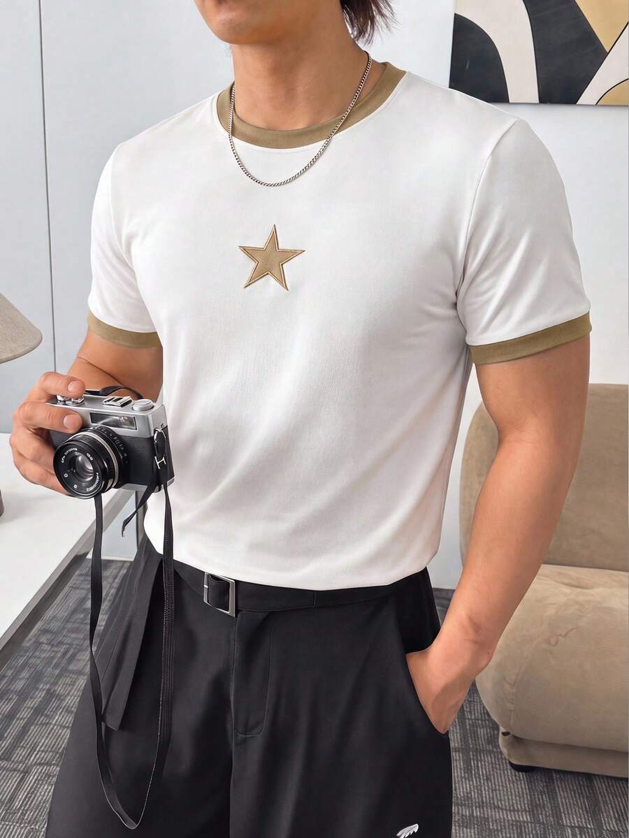 SWAVVY Men's Summer Casual Loose Short Sleeve White Standard Size Contrast Color T-Shirt With Heat Transfer Print - Khaki - View 1