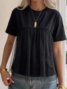 FRIFUL Women's Summer Solid Color Round Neck Short Sleeve Tee With Frill Trim, Casual,Ruffle School - Black - View 3