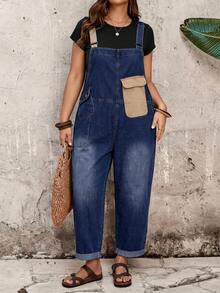 EMERY ROSE EMERY ROSE Plus Size Casual Traditional Baggy Formal Whimsical Denim Overalls For Vacation Halloween Back To School Country Cuffed Ankle Navy Blue Tapere Summer - Black - View 5